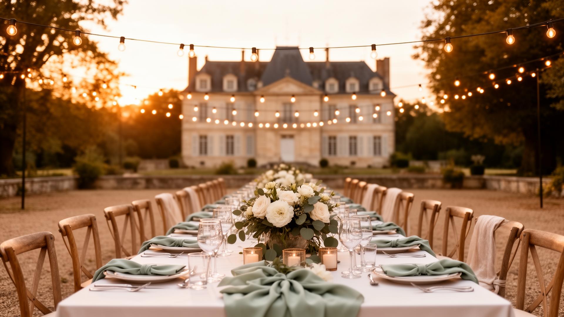 Long table dinner at a French château at golden hour